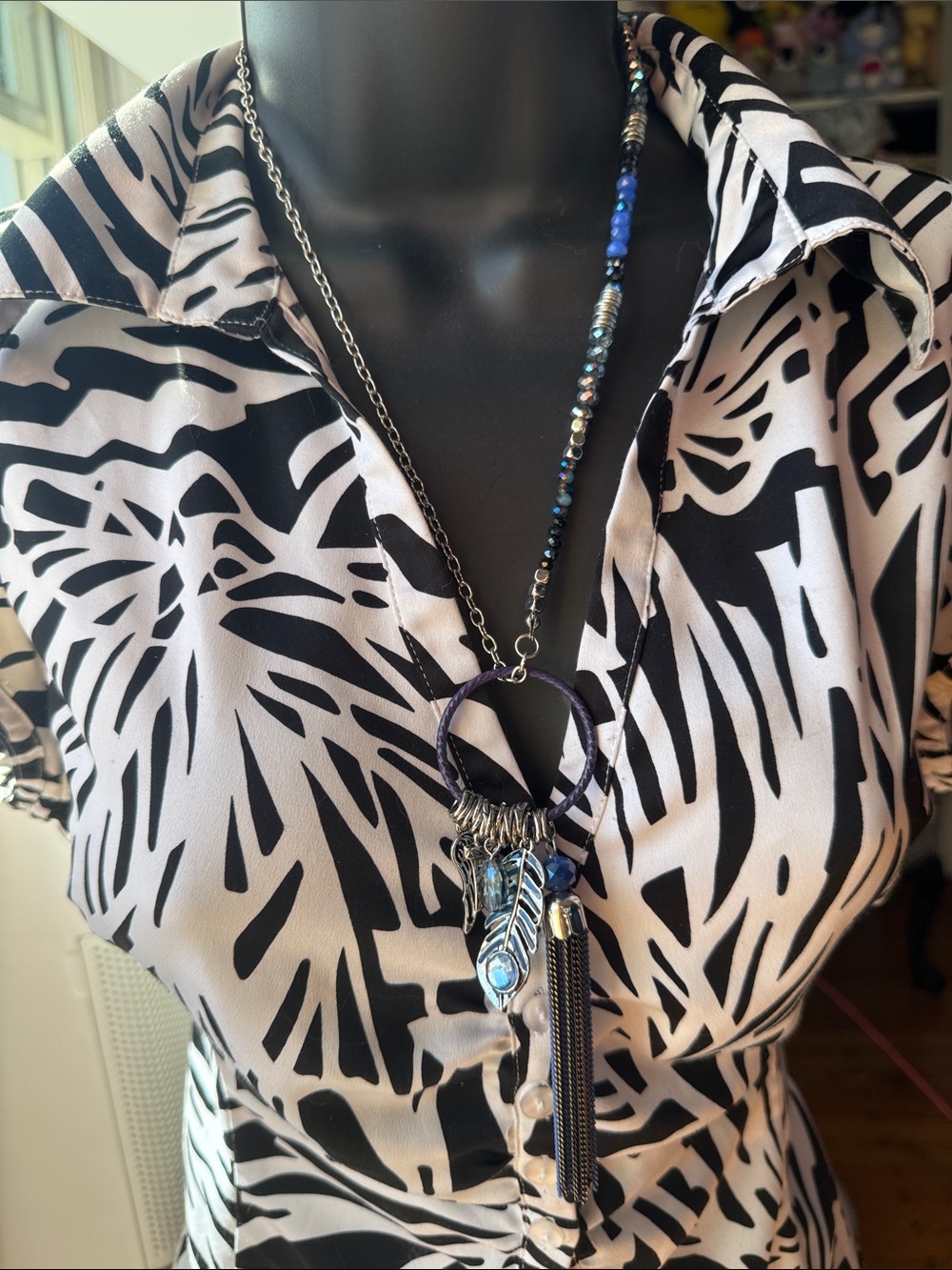 Boho Feather Pendant Necklace with Blue Accents